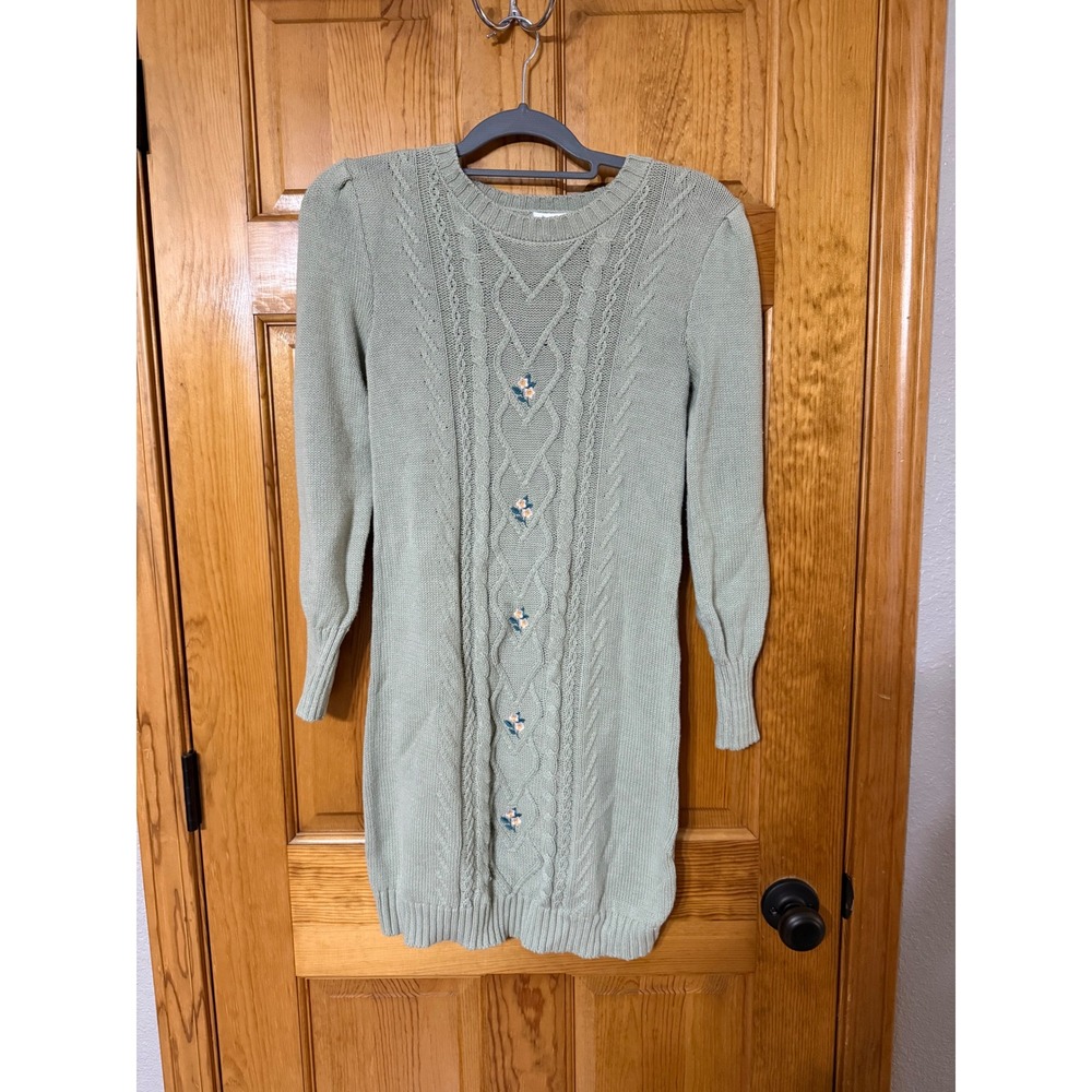 Nicole Miller Girls Sage Green Cable Knit Floral Embroidered Sweater Dress 12